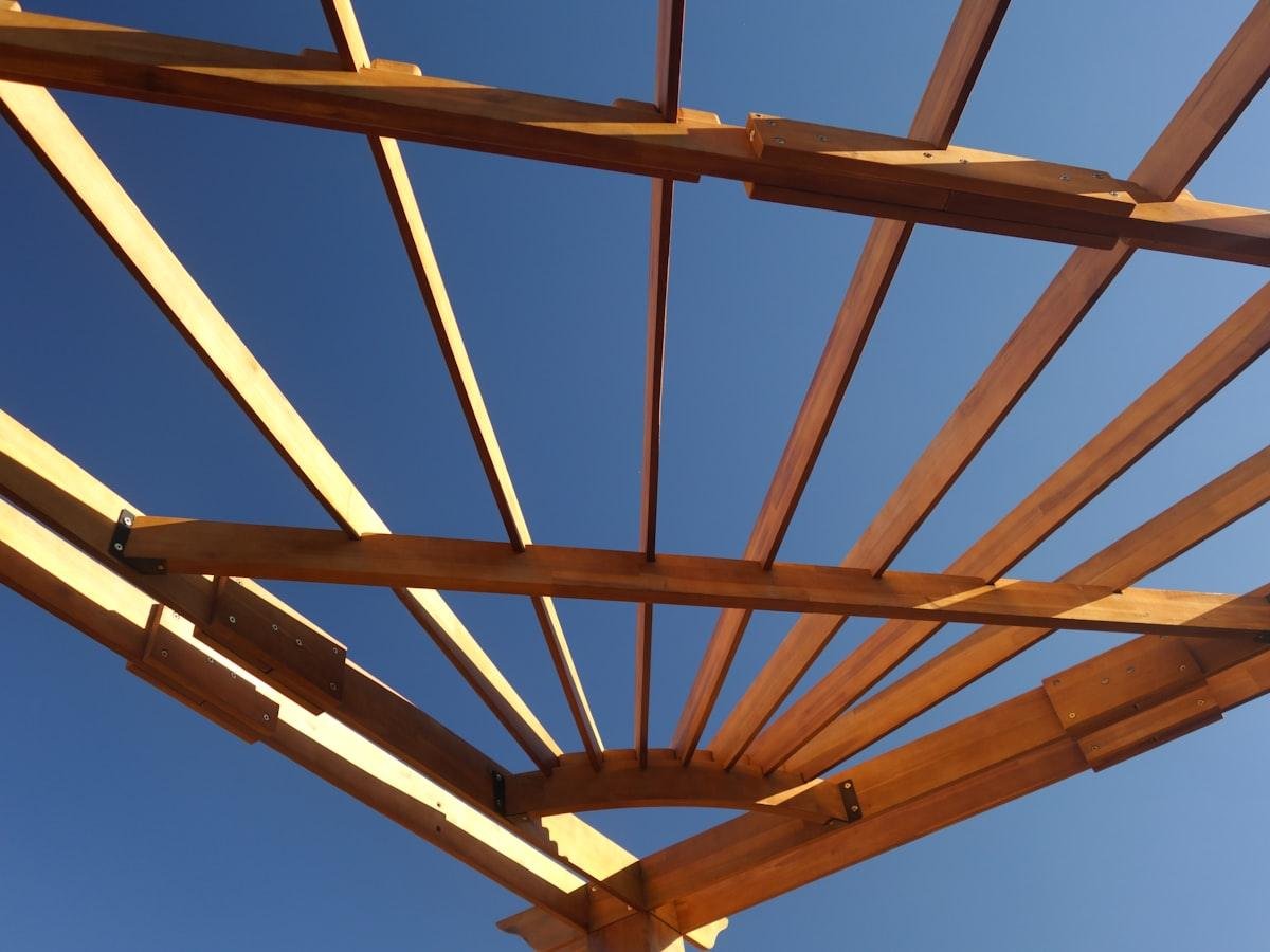Looking up at the honey-colored rafters of a wooden pergola fanning out against a clear blue sky